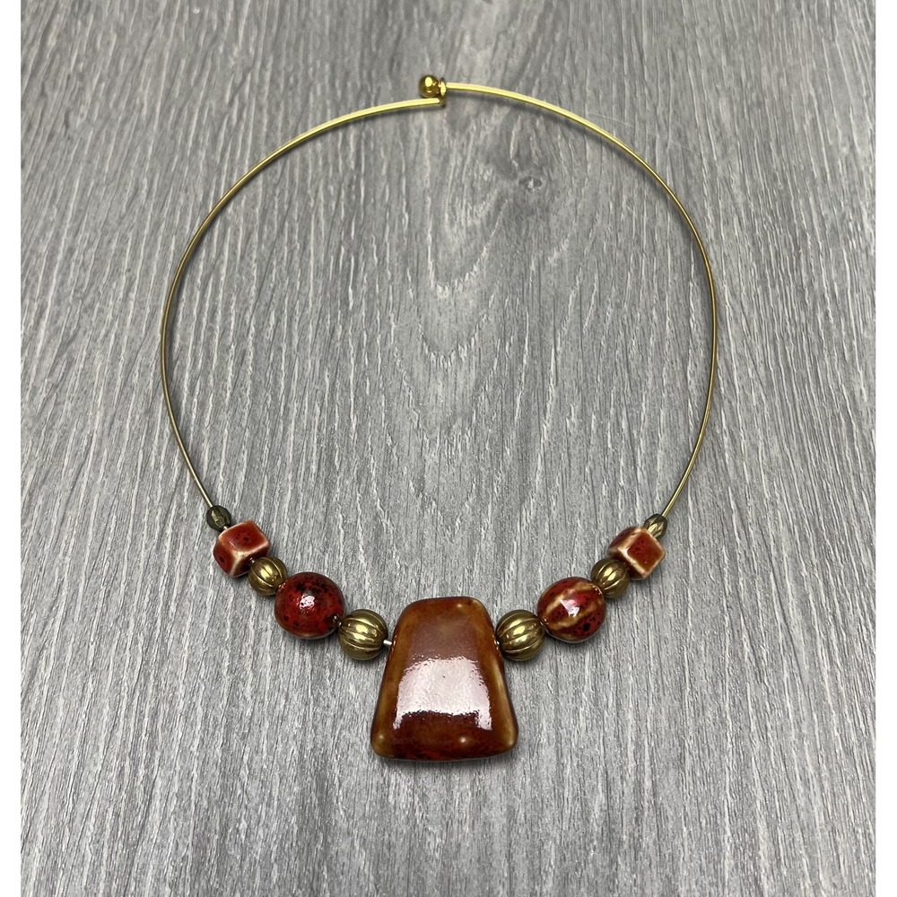 Artisan Handcrafted Ceramic Bead‎ Choker Necklace Gold Tone Wire Collar